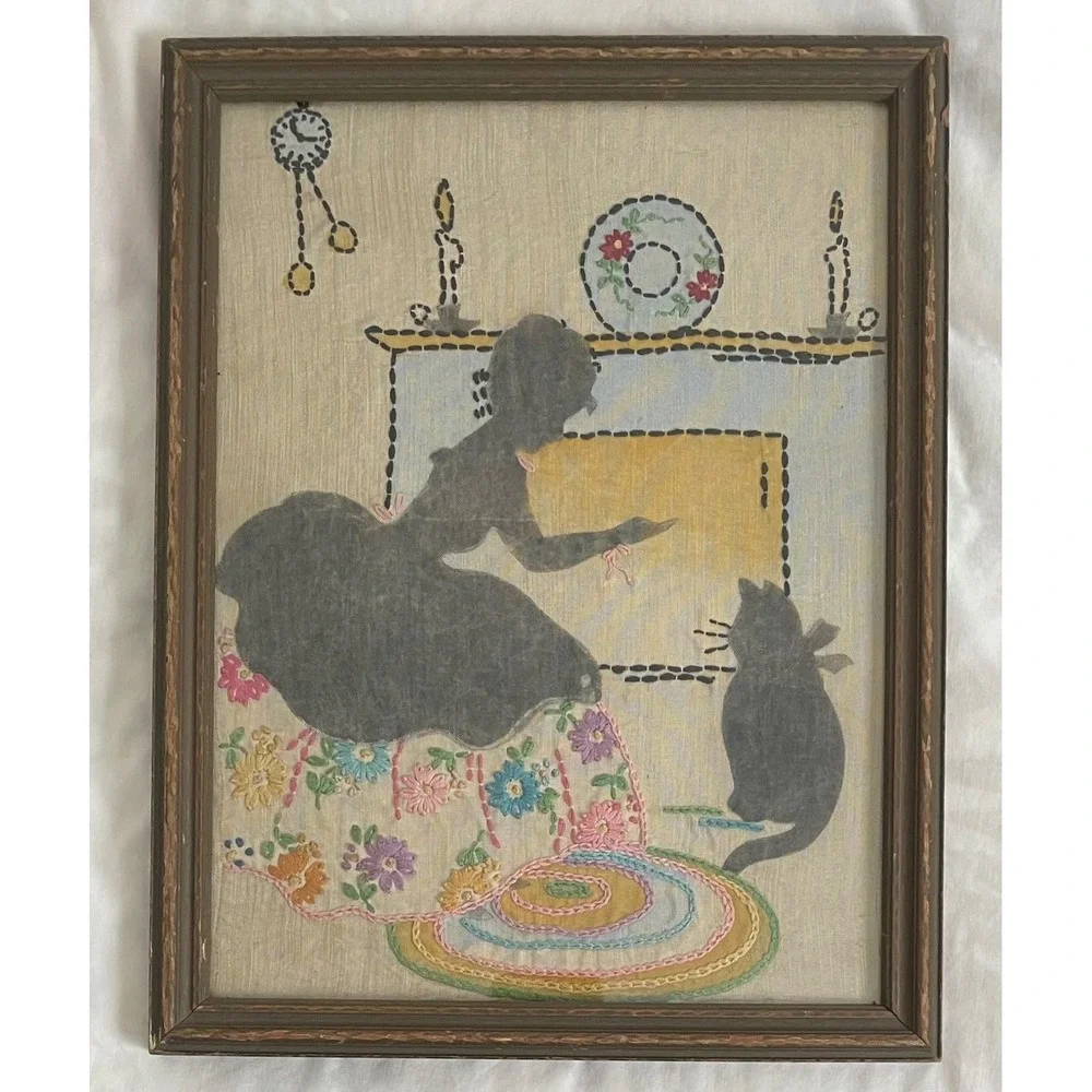Vintage Hand Embroidered Silhouette Victorian Women Cat Framed Wall Folk Art 20t